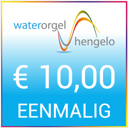 Blauwe en groene gradienttegel met het waterorgel Hengelo-logo en de tekst eenmalig bedrag, als steun voor behoud in Hengelo.
