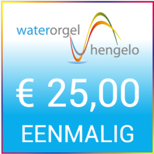 Blauwe waterorgel Hengelo donatiebadge met logo en tekst € 25,00, eenmalig; voor vrienden die bijdragen aan behoud en onderhoud.