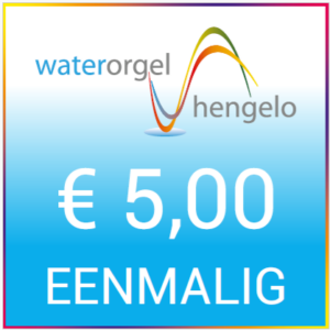 Waterorgel Hengelo logo met watereffect, op een blauwe achtergrond met oranje en groene accenten, met duidelijke tekst: eenmalig