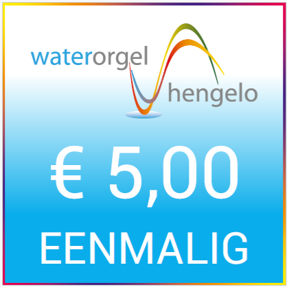 Waterorgel Hengelo logo met watereffect, op een blauwe achtergrond met oranje en groene accenten, met duidelijke tekst: eenmalig