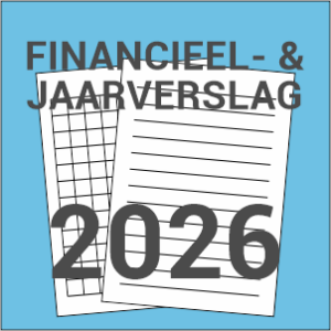Financieel & Jaarverslag 2026 met een rapportpagina op blauwe achtergrond, met zwarte tekst en grafiekonderdelen rond het jaartal 2026.